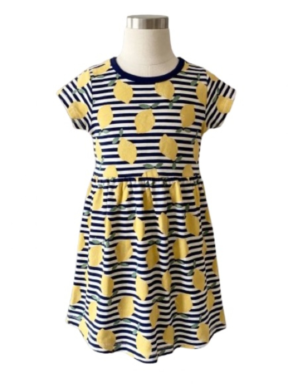 Touched by Nature Girls 6Y Organic Cotton Navy Striped Yellow Lemon Print Dress